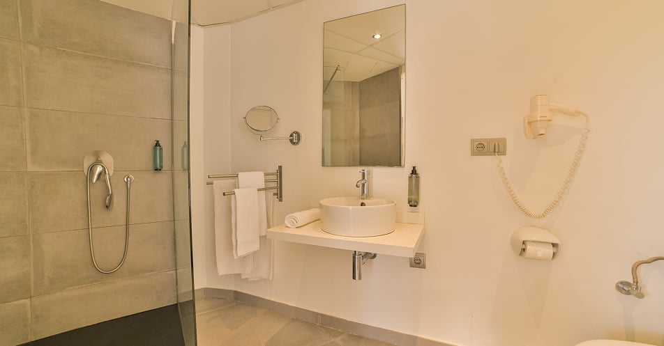 Badezimmer mit Dusche und Waschbecken auf einer Ablagefläche
