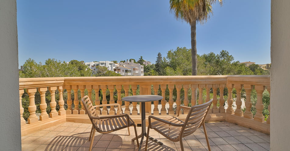 Terrasse mit schönem Blick auf den Pinienwald und den Strand