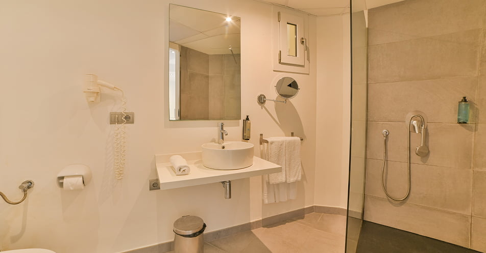 Badezimmer mit Dusche und Waschbecken auf einer Ablagefläche 